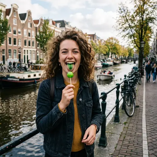 Curly Hair Woman with Green Lollipop by Amsterdam Canal