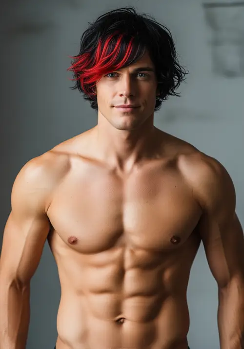 Bold Male Model with Unique Black and Red Hair