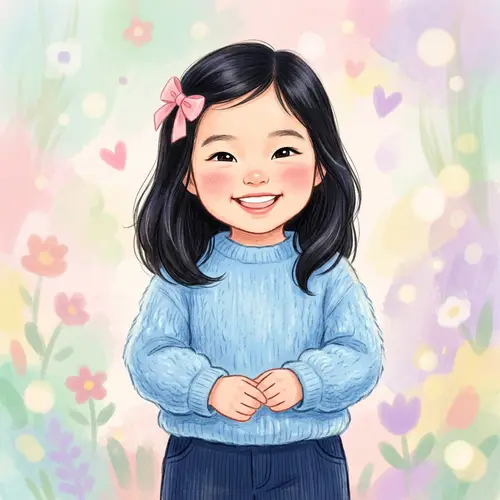 Young East Asian Girl in Sky-Blue Sweater with Pink Bow