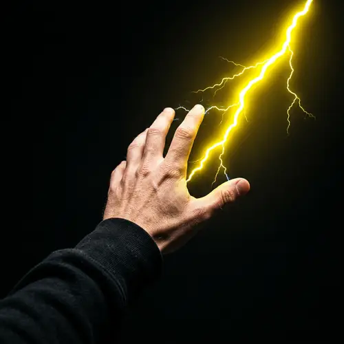 Captivating Image of Human Hand Reaching for Vibrant Yellow Thunderbolt
