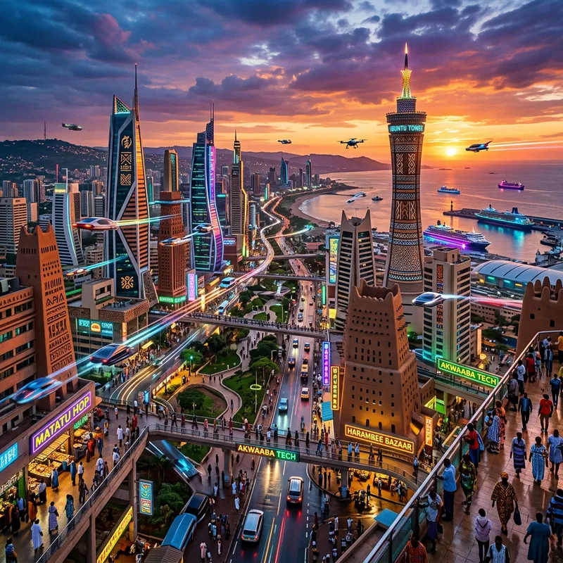African Futuristic Cityscape at Sunset - Neon Lights & Flying Cars