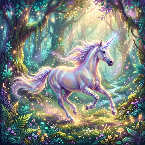 Magical Unicorn in Mystical Forest Fantasy Art