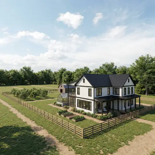 L-Shaped Two-Story House | Urban Farm Style | Architectural Rendering