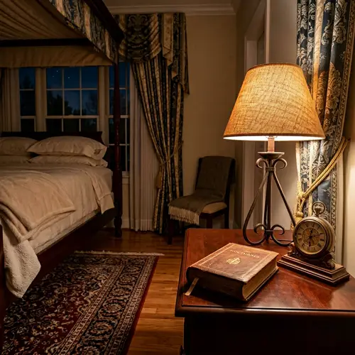 Cozy Night Bedroom Scene with Rustic Table Lamp