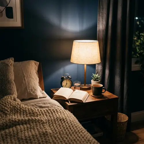 Relaxing Bedroom Scene with Cozy Lamp and Bedspread
