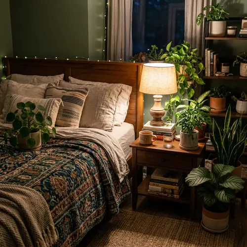 Cosy Bedroom Ambiance with Soft Glowing Lamp and Home Plants