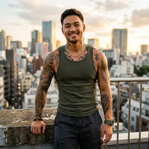 Athletic Mixed Asian Male Model with Tattoos