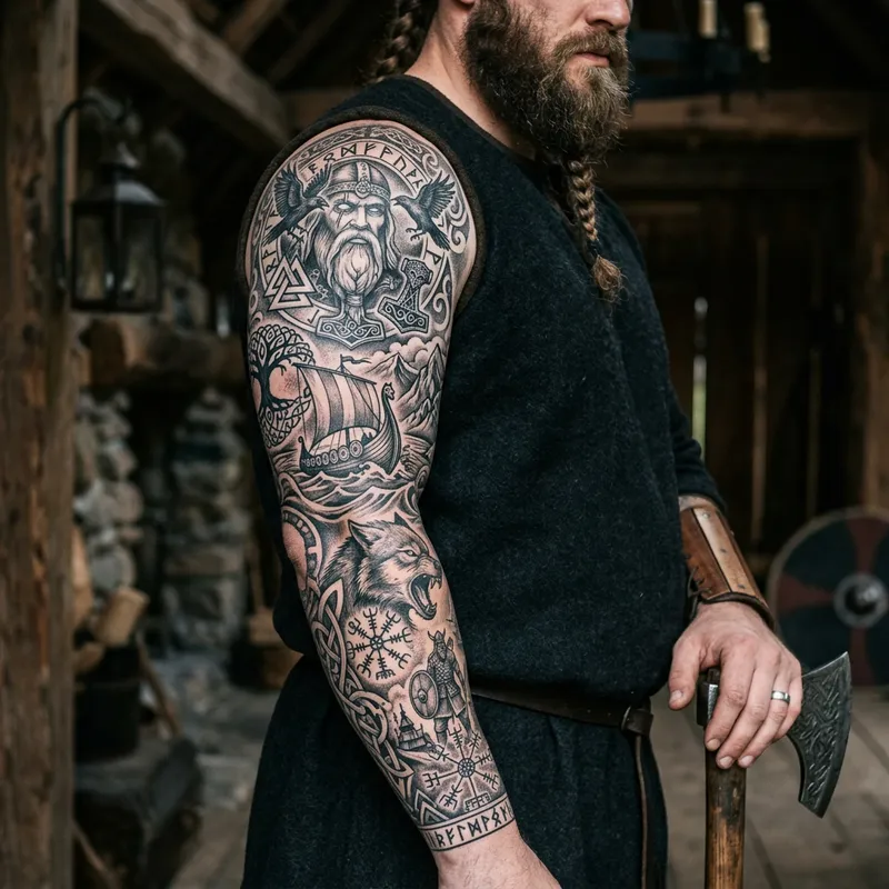 Stunning Viking Tattoo Sleeve in Black and Gray