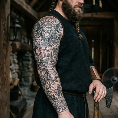 Stunning Viking Tattoo Sleeve in Black and Gray