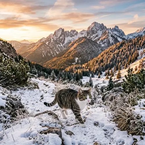 Beautiful Cat Walking in Stunning Mountain Landscape