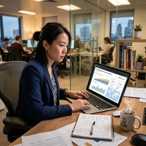 Asian Woman Developing Power BI Dashboard | Modern Office Scene
