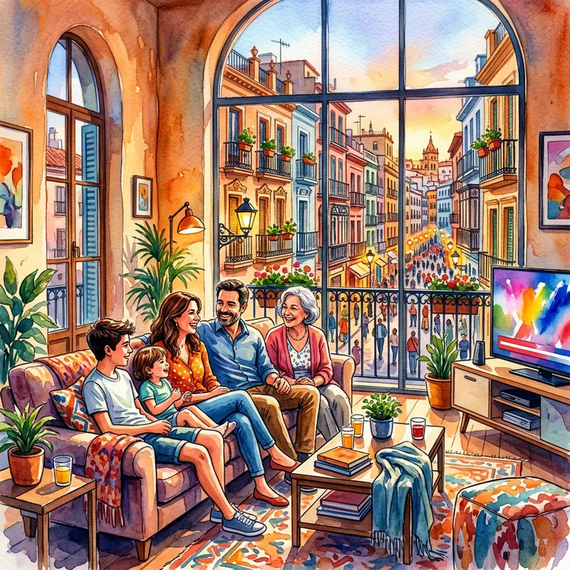 Vibrant Watercolor Painting of Popular Spanish TV Series