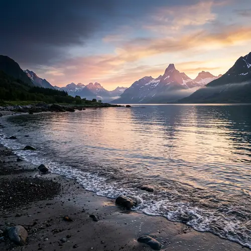Serene Sunrise Landscape: Majestic Sea and Tall Mountains