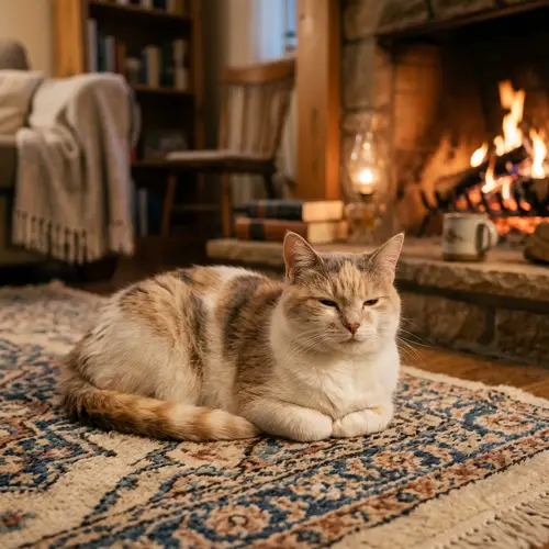 Relaxing Creamy White Cat on Warm Rug