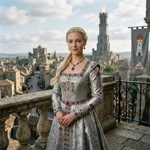 Ceryse Hightower: Noble Woman in Silver Gown with Ruby Adornments