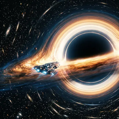 Futuristic Spacecraft Approaching Colossal Black Hole