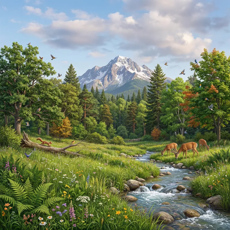 Serene Ecological Landscape with Flora and Wildlife Serene Ecological Landscape with Flora and Wildlife