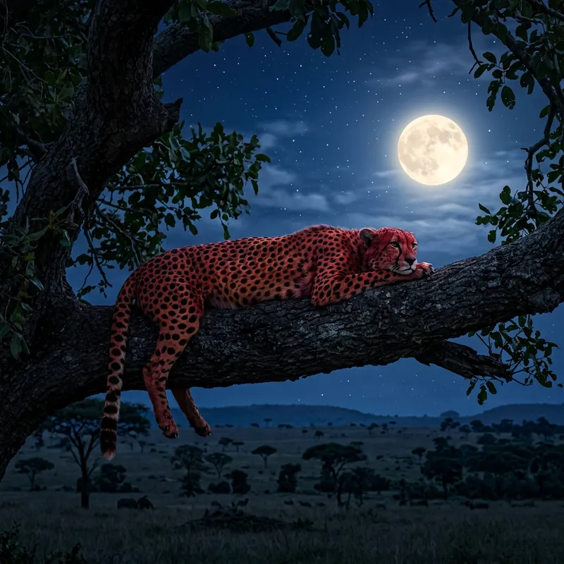 Red Cheetah Under Full Moon - Nighttime Wildlife Art Red Cheetah Under Full Moon - Nighttime Wildlife Art