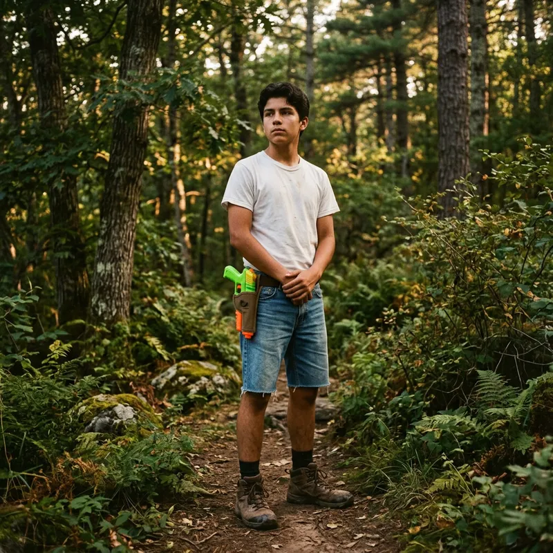 Confident Hispanic Teenager in Lush Forest with Water Pistol | Dramatic Artistry