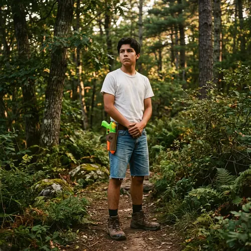 Hispanic Teenager in Lush Forest with Water Pistol | Adventure Artistry