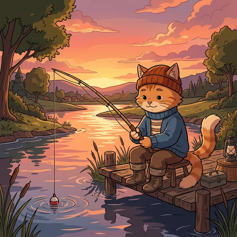 Adorable Humanoid Feline Fishing in Traditional Cloths | Calm Sunset Scene