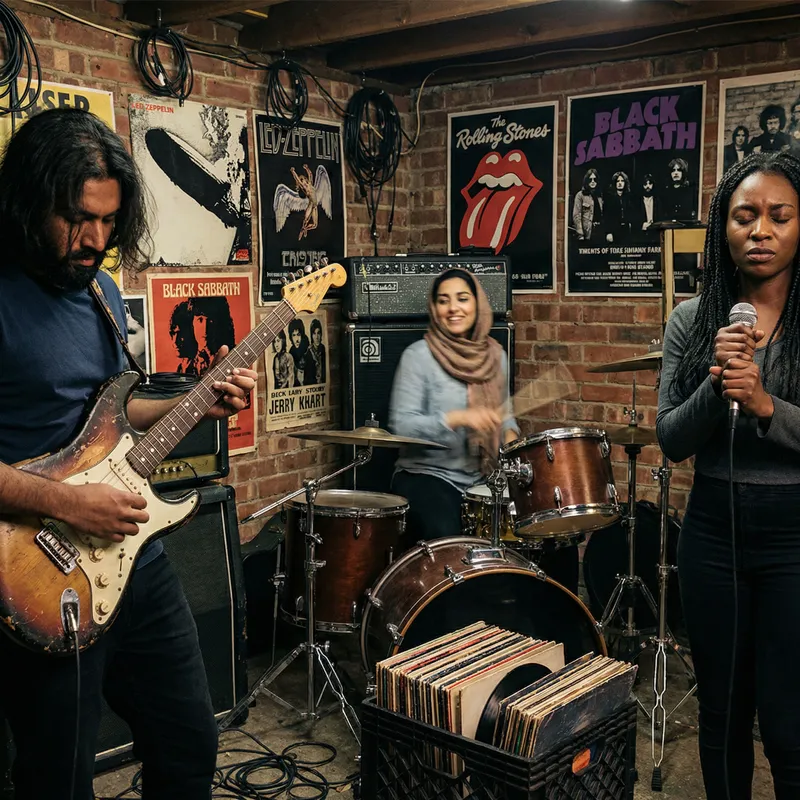 Inclusive Rock Music Jam: Diverse Band Jamming in Garage