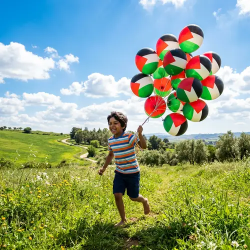 South Asian Boy with Palestine Flag Balloons