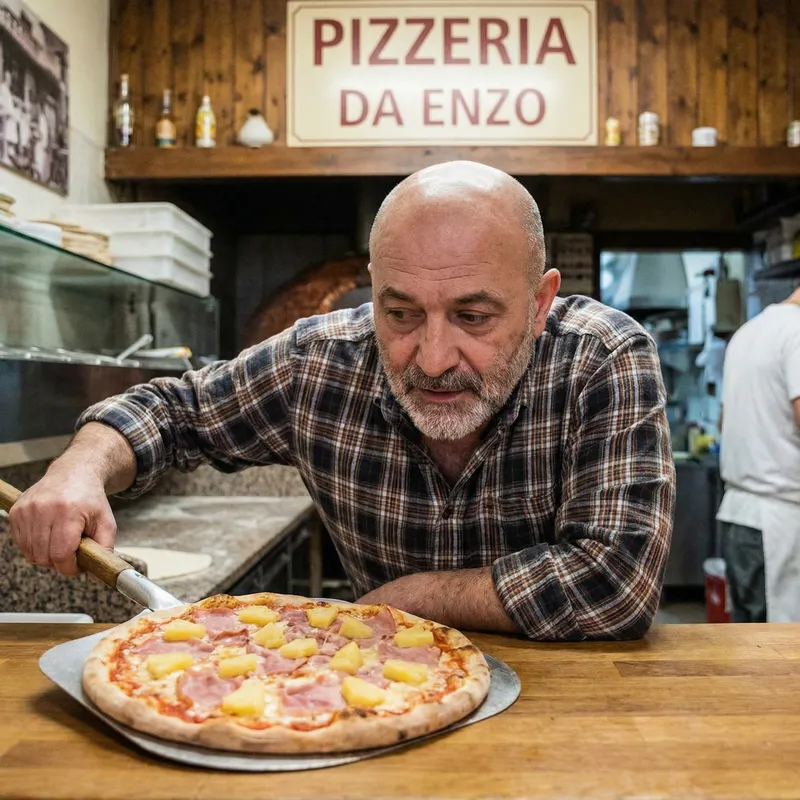 Average Build Bald Italian Man Looking at Pineapple Pizza