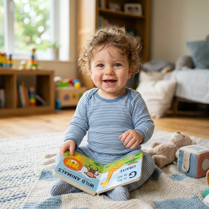 Happy One-Year-Old Baby with Light Brown Curly Hair Happy One-Year-Old Baby with Light Brown Curly Hair