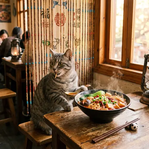 Cat Enjoying Malatang Soup at Wooden Table