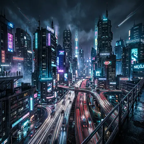 Dystopian Urban Landscape: Haunting Glow of Neon Lights