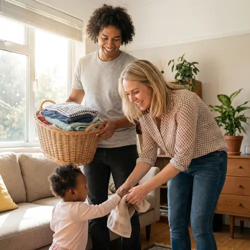Happy Multicultural Family Doing Laundry Together