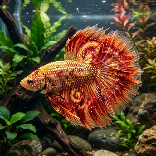 Unique Golden Red Gold Betta Fish - Cosmic Galaxy Pattern