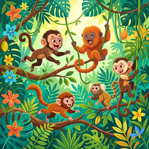 Playful Infant Monkeys in Vibrant Forest Scene