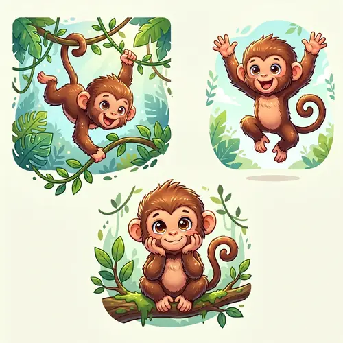 Cute Baby Monkey Illustration in Three Poses - Vector Art