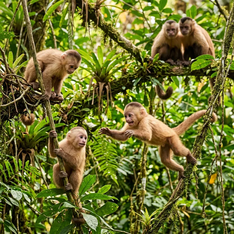 Playful Baby Monkeys Jumping in Rainforest