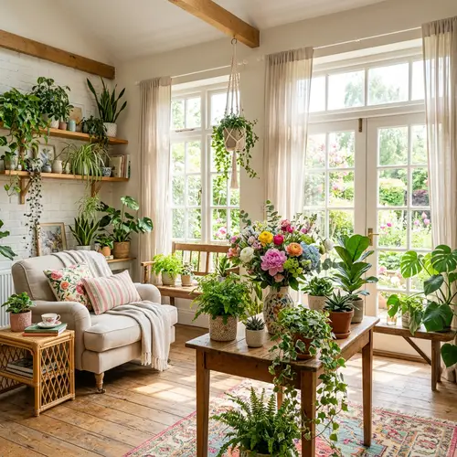 Beautiful Sunlit Room with Flowers and Plants