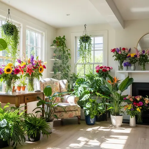 Beautiful Sunlit Room with Flowers and Plants