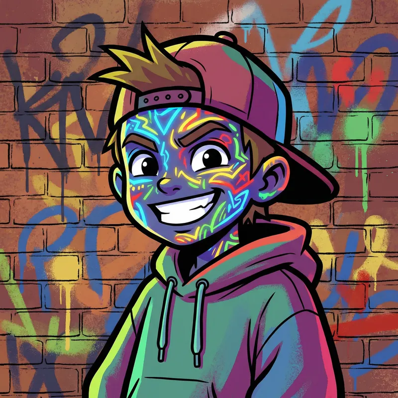 Mischievous Boy with Bold Street Art Tattoos Mischievous Boy with Bold Street Art Tattoos