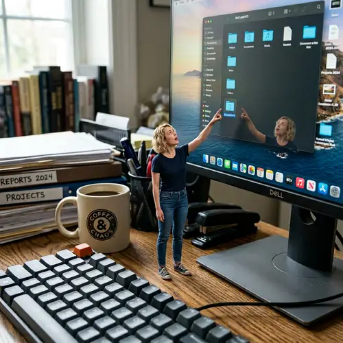Miniature Woman on Office Desk | Curious and Fascinated