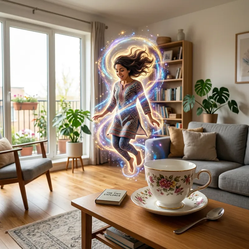 Incredible Shrinking Middle-Eastern Woman in Contemporary Living Room