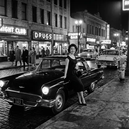 1957 Black and White City Street Scene with a Classic Thunderbird and Elegant Woman in Vintage Dress