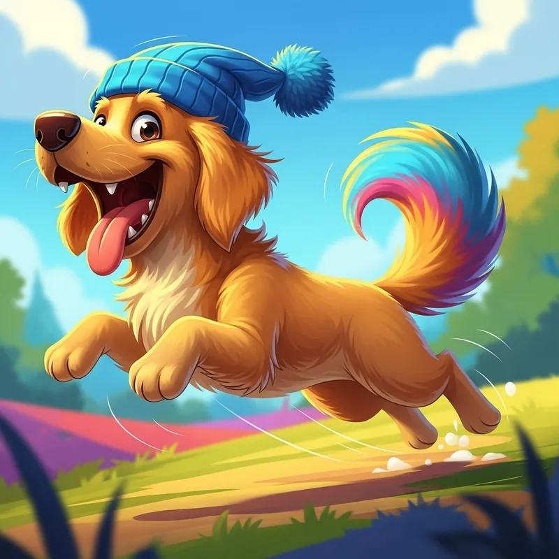 Playful Cartoon Dog Jumping with Blue Hat