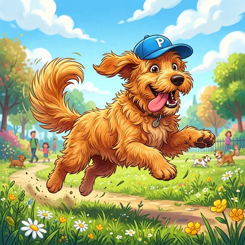 Playful Cartoon Dog Jumping with Blue Hat