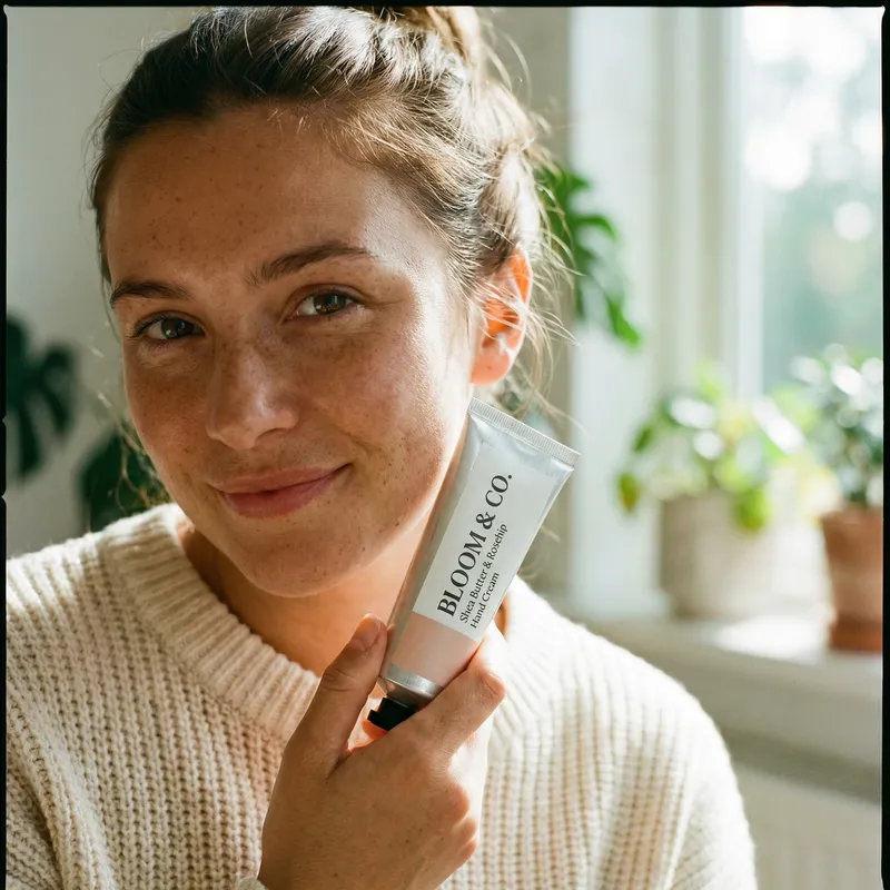 25-Year-Old Woman with Radiant Skin and Hand Cream