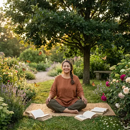 Tranquil Garden with Serene Meditating Person - Cultivation of Inner Happiness