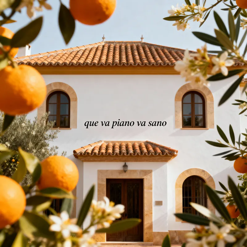 Spanish House Facade with Olive Leaves & Orange Flowers