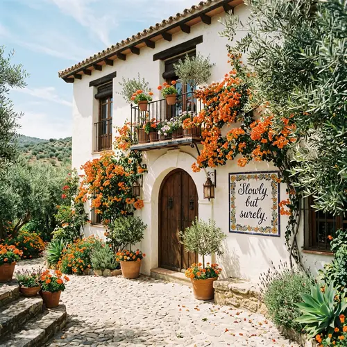 Spanish House Facade with Olive Leaves & Orange Flowers
