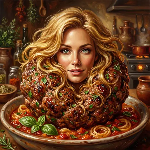 Blonde Woman Fused with a Meatball - Surreal Art