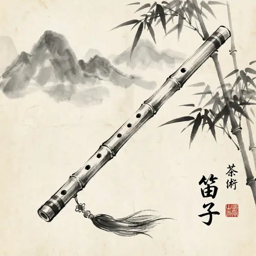 Traditional Chinese Dizi in Ink Wash Art